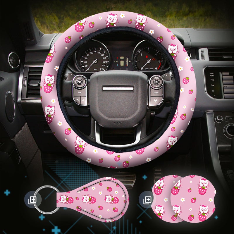 Zadin Kitty Accessories Car  Strawberry Pink Hello Cat Wheel Cover  Y2K Car Accessories  Girly Steering Wheel Cover  Universal Fit 14.5-15 inch Auto SUV Vans Trucks  Anti-Slip and Sweat Absorption - Image 1